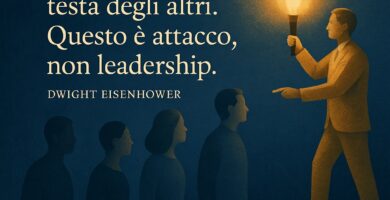 Figura che guida altre persone con una luce calda, simbolo di leadership positiva e rispetto, con la frase di Dwight Eisenhower – Il Meglio dei Libri