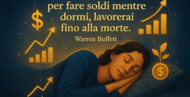 Rappresentazione artistica della libertà finanziaria: una figura rilassata che dorme serenamente mentre intorno fluiscono simboli dorati di prosperità, con la frase di Warren Buffett “Se non trovi un modo per fare soldi mentre dormi, lavorerai fino alla morte.” – Il Meglio dei Libri