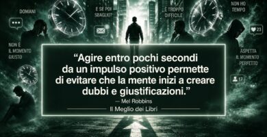 Ritratto simbolico ispirato a Mel Robbins con atmosfera psicologica e frase su azione immediata e procrastinazione.