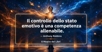 Ritratto simbolico ispirato a Anthony Robbins con atmosfera energetica e frase sul controllo emotivo e la crescita personale.
