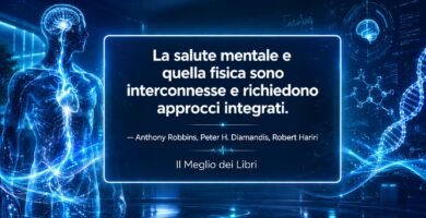 Ritratto simbolico ispirato a Anthony Robbins, Peter H. Diamandis e Robert Hariri con connessione tra mente, corpo e salute integrata.