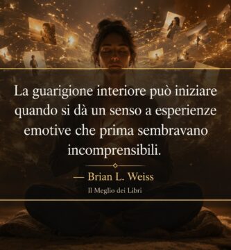 Ritratto simbolico ispirato a Brian Weiss con atmosfera introspettiva e frase sulla guarigione interiore e le emozioni profonde.