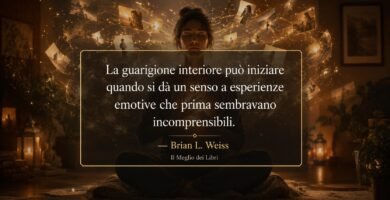 Ritratto simbolico ispirato a Brian Weiss con atmosfera introspettiva e frase sulla guarigione interiore e le emozioni profonde.
