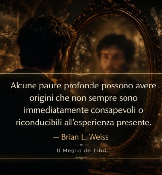Ritratto simbolico ispirato a Brian Weiss con persona davanti allo specchio e atmosfera legata a paure profonde ed emozioni inconsce.