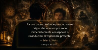 Ritratto simbolico ispirato a Brian Weiss con persona davanti allo specchio e atmosfera legata a paure profonde ed emozioni inconsce.