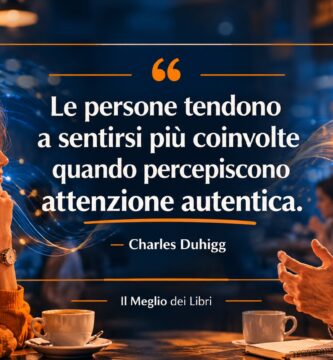 Ritratto simbolico ispirato a Charles Duhigg con scena di ascolto autentico e frase sulla comunicazione umana.