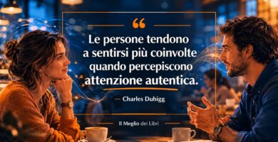 Ritratto simbolico ispirato a Charles Duhigg con scena di ascolto autentico e frase sulla comunicazione umana.