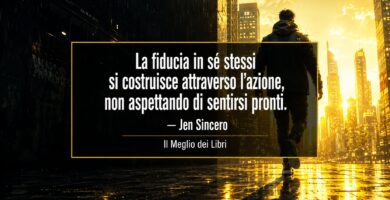 Ritratto simbolico ispirato a Jen Sincero con scena urbana cinematografica e frase sulla fiducia in sé stessi e il coraggio di agire.