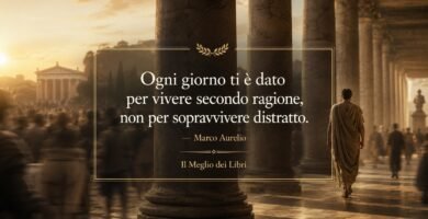 Ritratto simbolico ispirato a Marco Aurelio con atmosfera stoica e frase sulla consapevolezza e la presenza mentale.