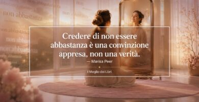 Ritratto simbolico ispirato a Marisa Peer con atmosfera di autostima e frase sulle convinzioni limitanti.