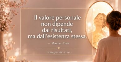 Ritratto simbolico ispirato a Marisa Peer con atmosfera di accettazione personale e frase sul valore umano e l’autostima.
