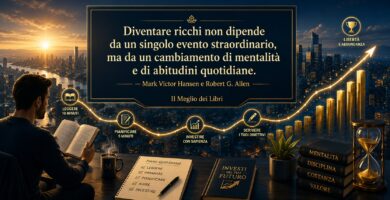 Ritratto simbolico motivazionale ispirato a Hansen e Allen con scena urbana e frase su mentalità, abitudini e ricchezza.