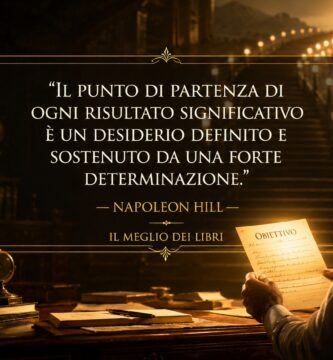 Ritratto simbolico motivazionale ispirato a Napoleon Hill con atmosfera vintage e frase su desiderio, determinazione e successo.
