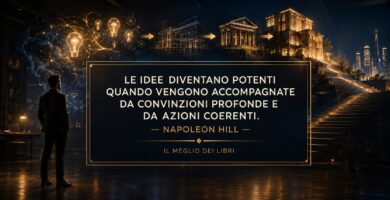 Ritratto simbolico ispirato a Napoleon Hill con idee luminose e frase su convinzioni profonde e azioni coerenti.