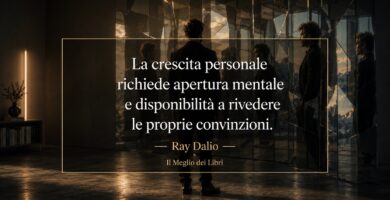 Ritratto simbolico ispirato a Ray Dalio con atmosfera riflessiva e frase su apertura mentale e crescita personale.