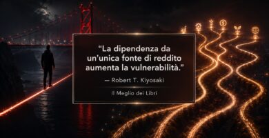 Ritratto simbolico ispirato a Robert Kiyosaki con scena finanziaria moderna e frase sulla vulnerabilità economica e le fonti di reddito.