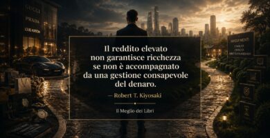 Ritratto simbolico ispirato a Robert Kiyosaki con atmosfera finanziaria e frase su reddito, ricchezza e gestione del denaro.