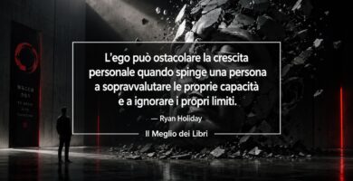Ritratto simbolico ispirato a Ryan Holiday con statua frantumata e frase sull’ego e la crescita personale.