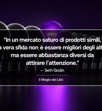 Ritratto simbolico ispirato a Seth Godin con elemento viola che si distingue e frase sulla differenziazione.