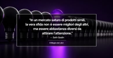 Ritratto simbolico ispirato a Seth Godin con elemento viola che si distingue e frase sulla differenziazione.