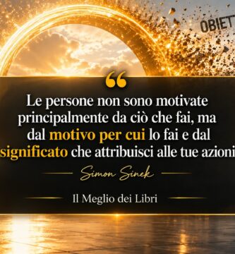 Ritratto simbolico ispirato a Simon Sinek con atmosfera moderna e frase su motivazione, significato e scopo personale.