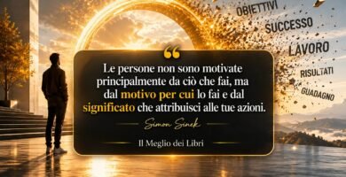 Ritratto simbolico ispirato a Simon Sinek con atmosfera moderna e frase su motivazione, significato e scopo personale.