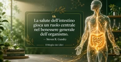 Ritratto simbolico ispirato a Steven Gundry con intestino illuminato e frase sul benessere generale del corpo.