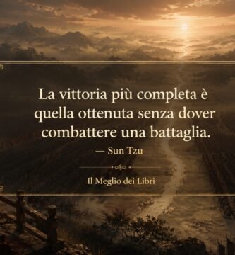 Ritratto simbolico ispirato a Sun Tzu con atmosfera strategica e frase sulla vittoria ottenuta senza combattere.