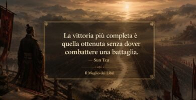 Ritratto simbolico ispirato a Sun Tzu con atmosfera strategica e frase sulla vittoria ottenuta senza combattere.