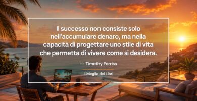 Ritratto simbolico ispirato a Tim Ferriss con atmosfera tropicale e frase sul successo, la libertà e lo stile di vita.