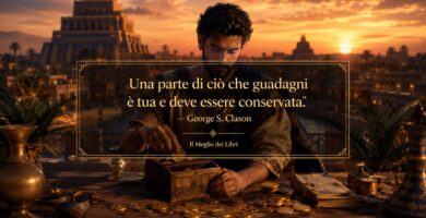 Ritratto simbolico ispirato a Babilonia con uomo che conserva monete, frase di George S. Clason sulla gestione del denaro e il risparmio.