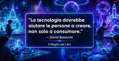 Ritratto simbolico ispirato a David Baszucki con laboratorio digitale e frase sulla tecnologia e la creatività.