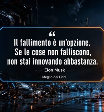 Ritratto simbolico ispirato a Elon Musk con prototipi sperimentali e frase sul fallimento e l'innovazione.