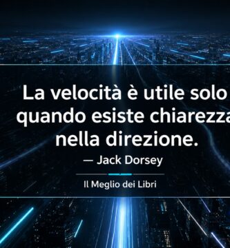 Ritratto simbolico ispirato a Jack Dorsey con percorsi luminosi e frase sull'importanza della direzione e della velocità.