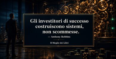 Rappresentazione simbolica ispirata ad Anthony Robbins con un sistema di ingranaggi e frase sul metodo negli investimenti.