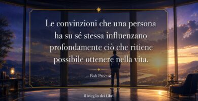 Ritratto simbolico ispirato a Bob Proctor con una finestra che si apre sull'orizzonte e frase sulle convinzioni personali.