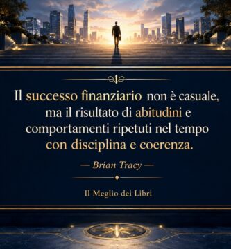 Ritratto simbolico ispirato a Brian Tracy con percorso di crescita e frase sulle abitudini che portano al successo finanziario.