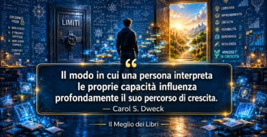 Ritratto simbolico ispirato a Carol S. Dweck con percorso di crescita e frase sulle capacità e il potenziale personale.