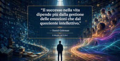 Ritratto simbolico ispirato a Daniel Goleman con percorso di equilibrio emotivo e frase sull'intelligenza emotiva.