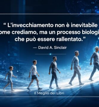 Ritratto simbolico ispirato a David A. Sinclair con elementi scientifici e frase sulla longevità e l'invecchiamento.