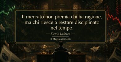 Ritratto simbolico ispirato a Edwin Lefevre con atmosfera finanziaria e frase sulla disciplina nel trading.