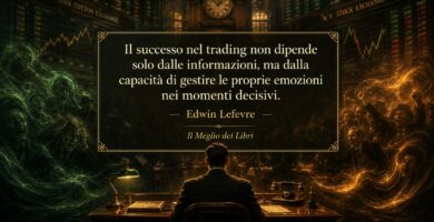 Ritratto simbolico ispirato a Edwin Lefevre con atmosfera finanziaria e frase sulla gestione delle emozioni nel trading.
