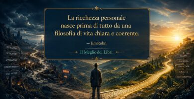 Ritratto simbolico ispirato a Jim Rohn con percorso di vita e frase sulla filosofia personale e la ricchezza.