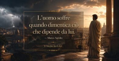 Ritratto simbolico ispirato a Marco Aurelio con atmosfera stoica e frase sul controllo personale e la serenità.