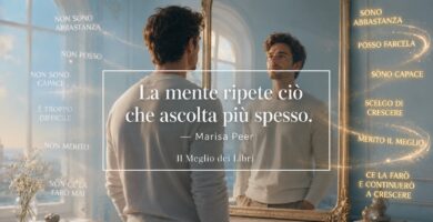 Ritratto simbolico ispirato a Marisa Peer con parole luminose e frase sul dialogo interiore e l'autostima.