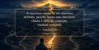 Ritratto simbolico ispirato a Napoleon Hill con bussola e frase sull'importanza di avere un obiettivo chiaro.