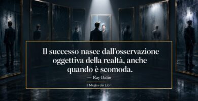 Ritratto simbolico ispirato a Ray Dalio con specchi e frase sull'importanza di osservare la realtà con obiettività.