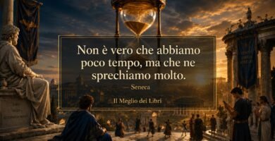 Ritratto simbolico ispirato a Seneca con clessidra e frase sul valore del tempo e della vita.