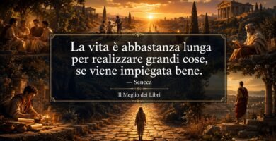 Ritratto simbolico ispirato a Seneca con percorso di vita e frase sul valore del tempo e delle scelte.
