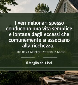 Ritratto simbolico ispirato a Thomas J. Stanley e William D. Danko con scena di vita semplice e frase sulla vera ricchezza.